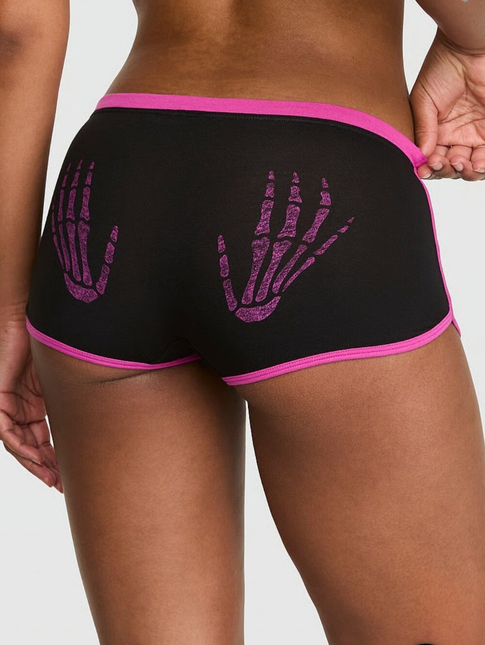 PINK Victoria's Secret Black Boyshorts with Pink Skeleton Hands. Size M